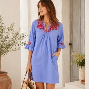 Madewell Embroidered Blue Red Floral Summer Dress Peasant Boho XXS